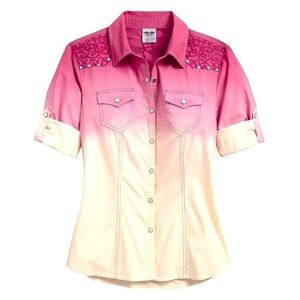 Harley Davidson - Pink & White Dip Dye Roll Tab Sleeve Snap Closure Shirt Small